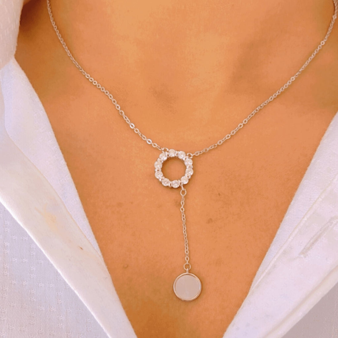 Silver Halo Ring with Hanging MOP Charm Necklace