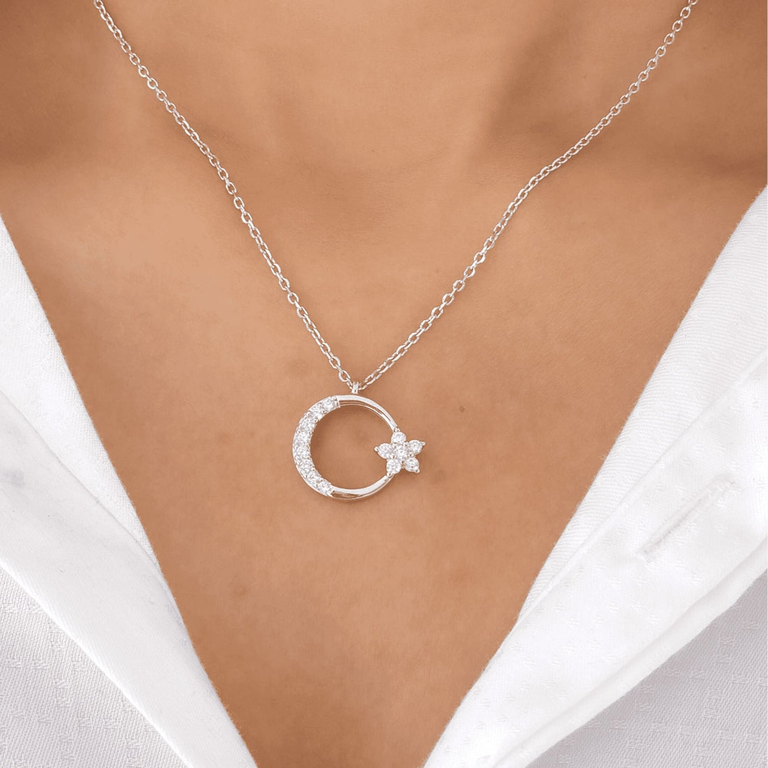 Silver Moon & Start Studded Necklace