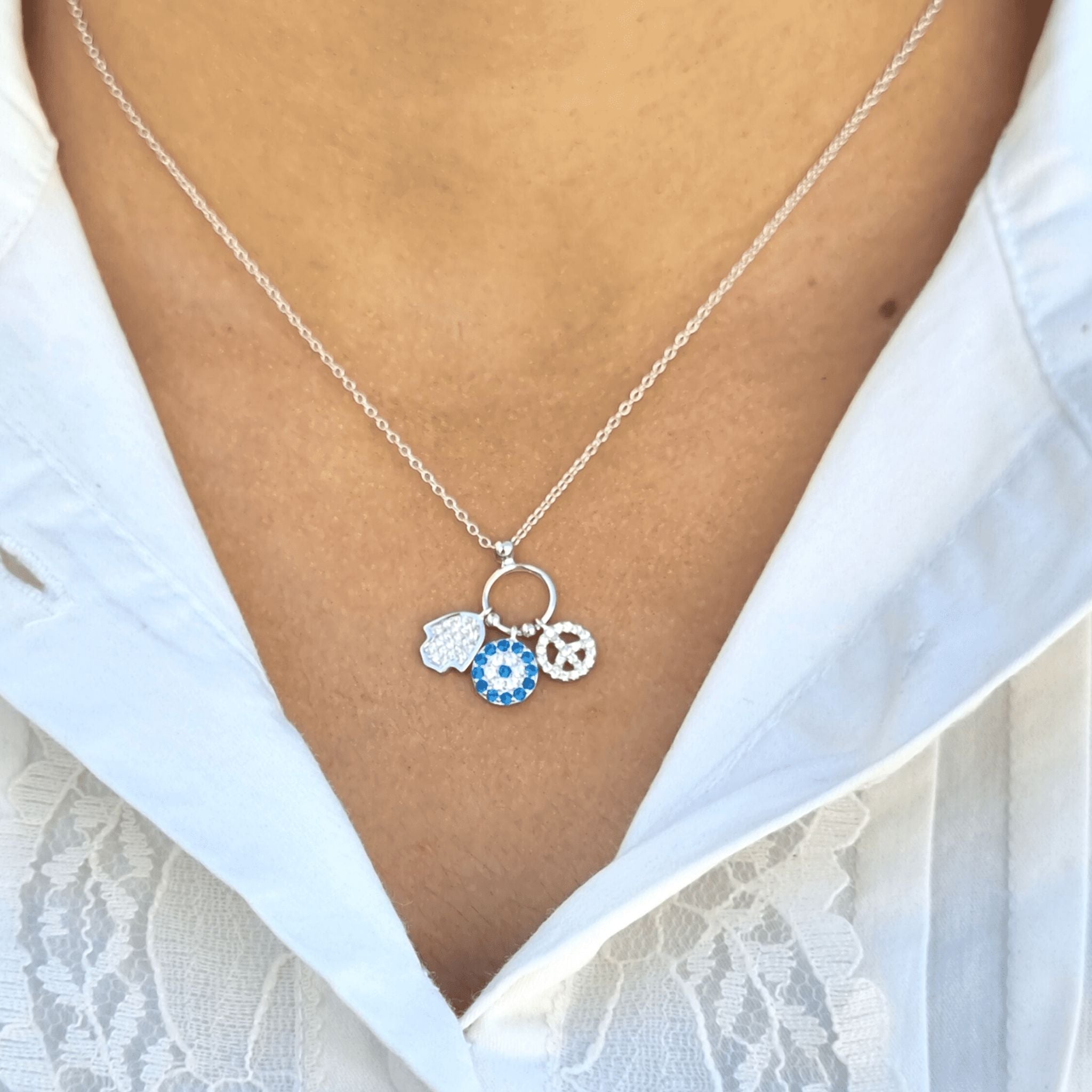 Silver Nazar Charms Family Necklace