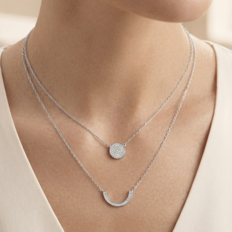 Silver Round & Smile Layered Necklace