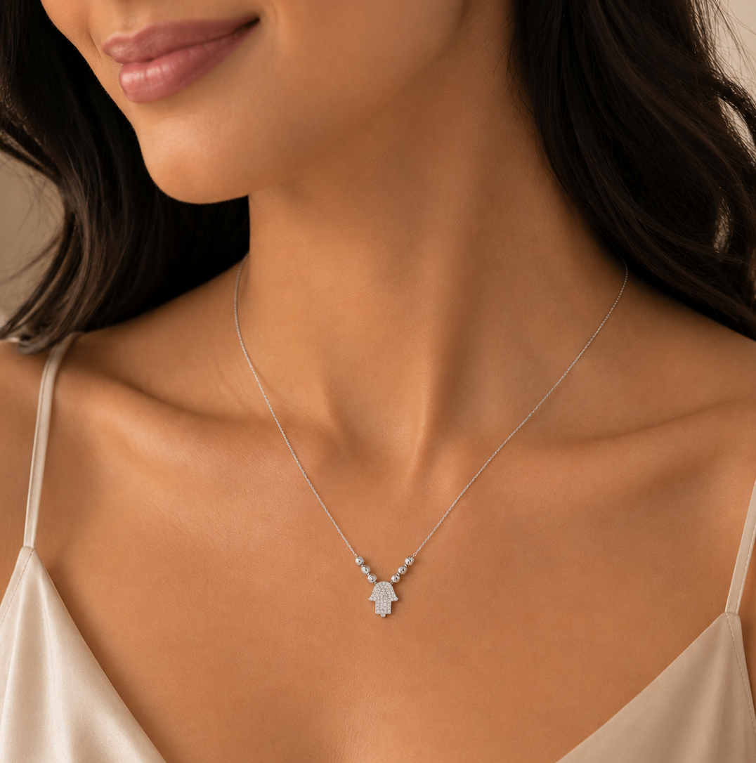 Silver Hamsa Hand Zircon Necklace