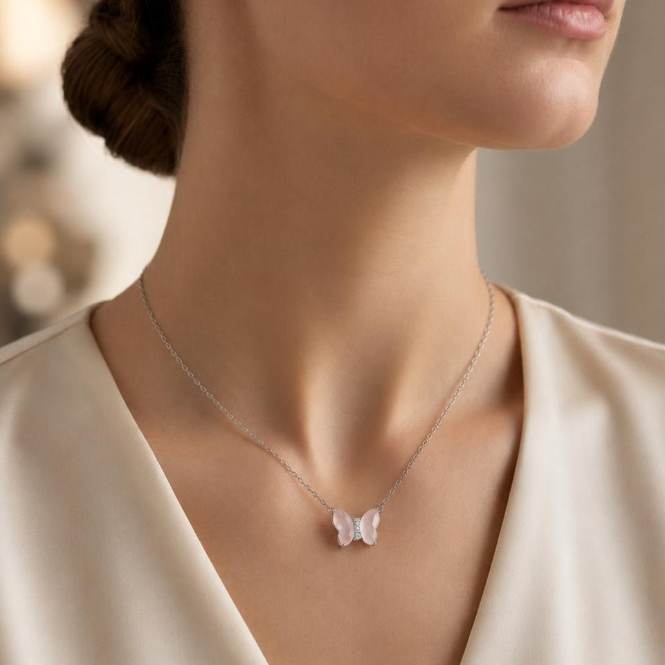 Silver Pink Butterfly Necklace